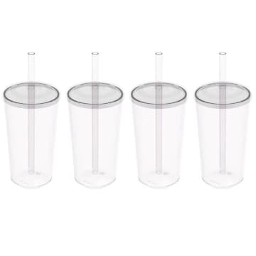 4 Copos com Tampa e Canudo 500ml Crippa Transparente Plástico Água Suco Bebidas — Crippa