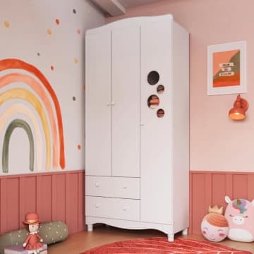 Guarda Roupas Infantil 3 Portas e 2 Gavetas 91x40x198 cm Branco Completa Móveis — Dalla Costa