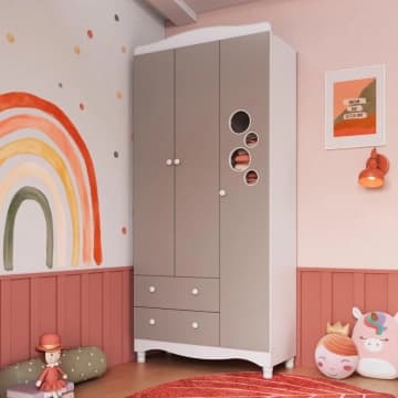 Guarda Roupas Infantil 3 Portas e 2 Gavetas 91x40x198 cm Branco e Cinnamon Completa Móveis — Dalla Costa