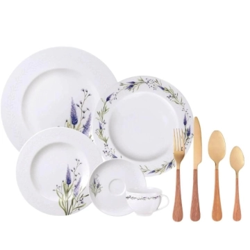 Aparelho de Jantar Porcelana e Faqueiro em Aço Inox Dourado Mesa Posta Luxo 6 Pessoas — Tramontina