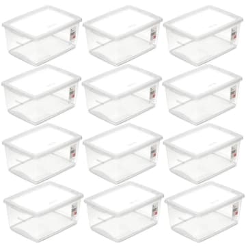 Kit 12 Caixas Plásticas Cesto Organizador Tampa Click Empilhável 33,5x24cm Ordene — Ordene