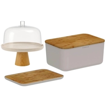 Conjunto Boleira com Cúpula e Pé Tábua Migalheira Porta Pão com Tampa Bege Plástico Bambu Ou — Ou