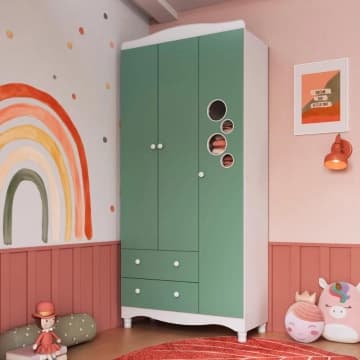 Guarda Roupas Infantil 3 Portas e 2 Gavetas 91x40x198 cm Branco e Verde Completa Móveis — Dalla Costa