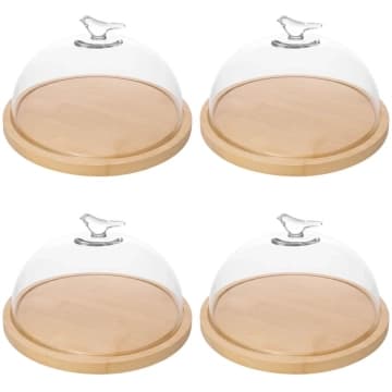 Kit 4 Porta Queijos de Bambu com Cúpula Vidro Queijeira Bird Tábua Frios Wolff — Wolff