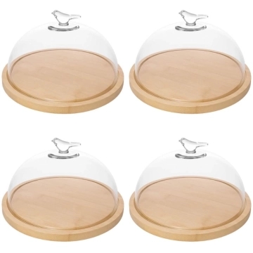 Kit 4 Porta Queijos de Bambu com Cúpula Vidro Queijeira Bird Tábua Frios Wolff — Wolff