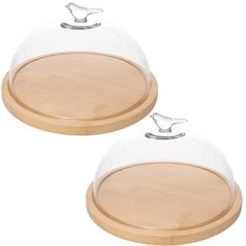 Kit 2 Queijeiras 20cm Vidro Base Bambu Porta Frios Bird Wolff Mesa Posta Boleira — Wolff