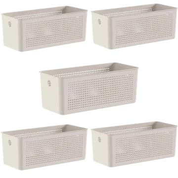 Kit 5 Cestos Organizadores Retangulares com Alças 6,6L Bege Flow Lavanderia Closet Banheiro — Ou
