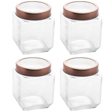 Kit 4 Pote de Vidro 1,2L Quadrado com Tampa Metal Mantimentos Rosé Gold Gran Gastro Lyor — Lyor