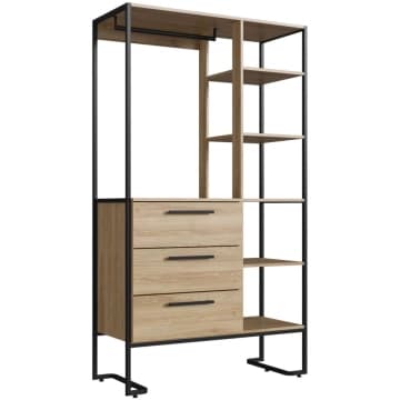 Closet Guarda Roupas Aberto 3 Gavetas 5 Prateleiras Oak Metal Preto 103x44x182cm Placa e Ponto — Placa e Ponto
