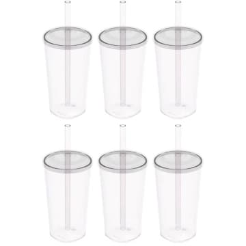 Kit 6 Copos com Tampa e Canudo 500ml Crippa Transparente Plástico Água Suco Bebidas — Crippa