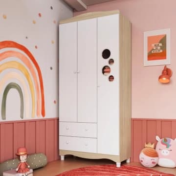 Guarda Roupas Infantil 3 Portas e 2 Gavetas 91x40x198 cm Branco e Carvalho Completa Móveis — Dalla Costa