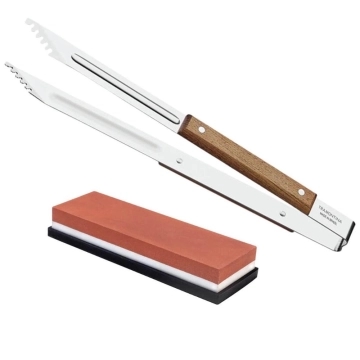 Kit Pegador de Carne Churrasco Inox Madeira e Pedra Amolar Facas Dupla Face 400/1000 — Tramontina